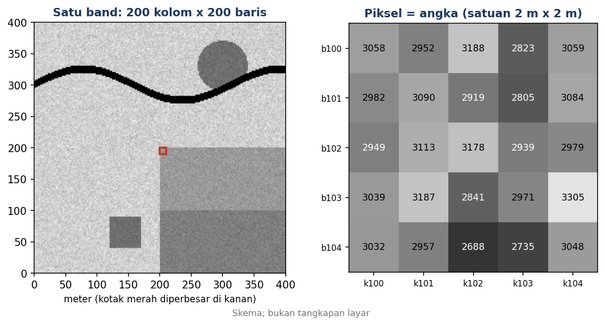 Skema dari data latihan: satu band 200 x 200 piksel, dan lima kolom kali lima baris piksel diperbesar dengan angkanya
