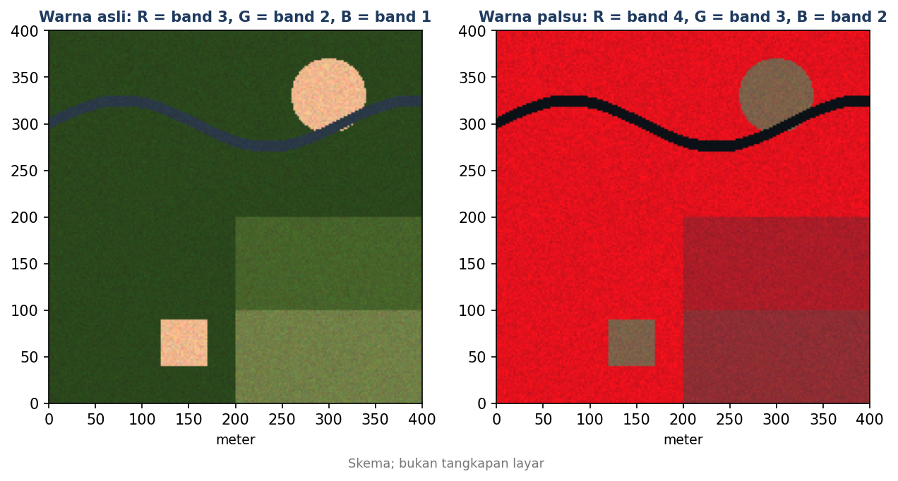 Skema dari data latihan: warna asli di kiri, warna palsu di kanan, dengan hutan, bukaan lahan, kebun, dan sungai