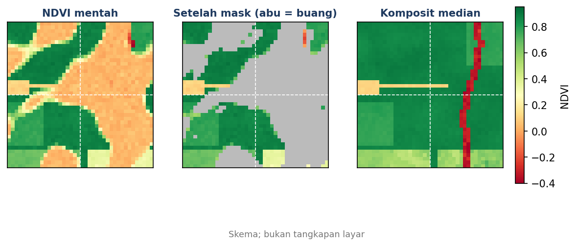 Skema: NDVI mentah berawan, hasil setelah mask, dan komposit median yang bersih