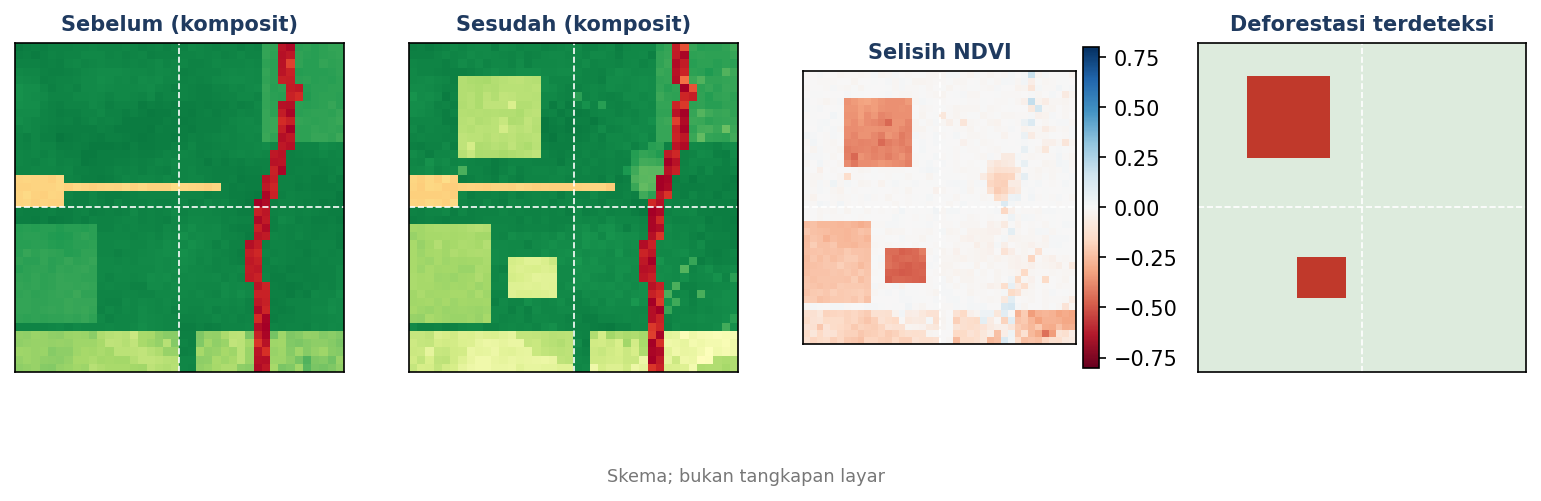 Skema: komposit sebelum, komposit sesudah, selisih NDVI, dan hasil deteksi deforestasi