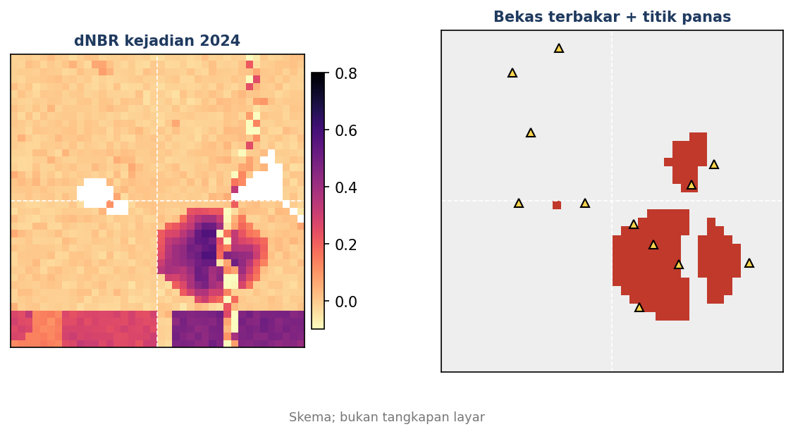 Kiri: dNBR kejadian 2024. Kanan: bekas terbakar terdeteksi bersama titik panas bertanda segitiga
