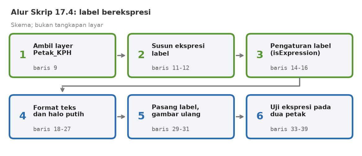 Skema enam tahap skrip: ambil layer, susun ekspresi, pengaturan label, format teks dan halo, pasang label, uji ekspresi
