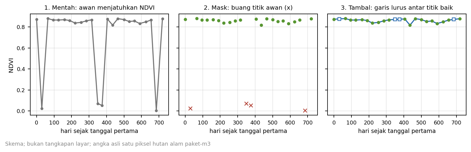 Tiga grafik NDVI satu piksel hutan alam: mentah dengan jatuh ke nol di tanggal berawan, setelah titik awan dibuang, dan setelah lubang ditambal garis lurus